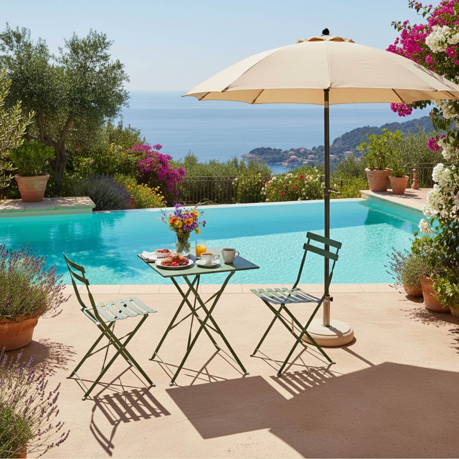 Mesa de jardín bistro cuadrada plegable de metal de 60x60 cm y 2 sillas plegables