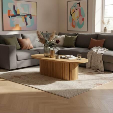 Mesa de centro efecto madera FSC® ovalada 120x60 cm estilo boho