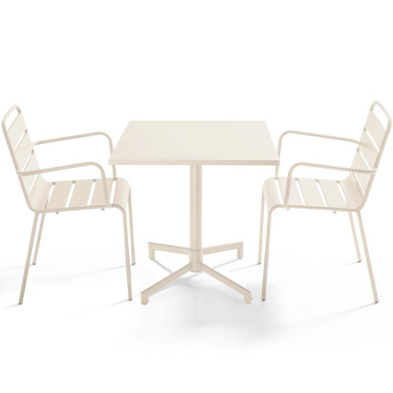 Mesa de jardín bistro cuadrada inclinable de metal con pie emprotado 70x70 cm y 2 sillas con reposabrazos