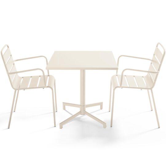 Mesa de jardín bistro cuadrada inclinable de metal con pie emprotado 70x70 cm y 2 sillas con reposabrazos | Oviala