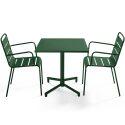 Mesa de jardín bistro cuadrada inclinable de metal con pie emprotado 70x70 cm y 2 sillas con reposabrazos