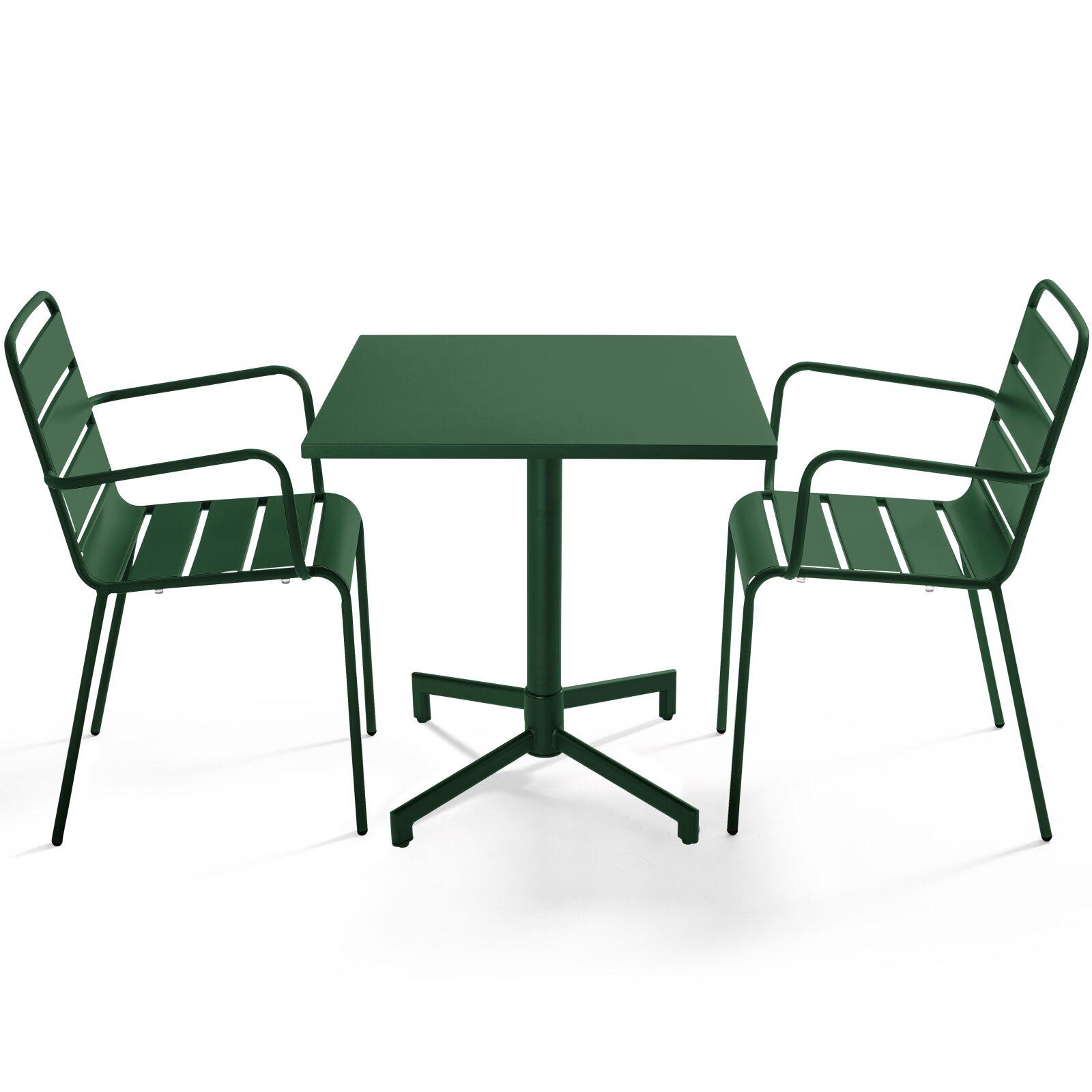 Mesa de jardín bistro cuadrada inclinable de metal con pie emprotado 70x70 cm y 2 sillas con reposabrazos