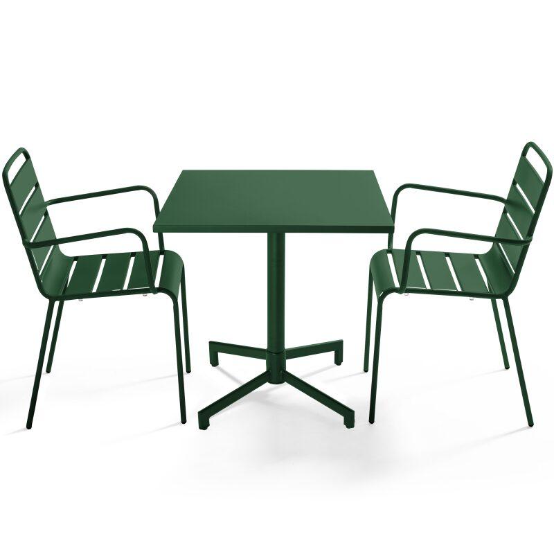 Mesa de jardín bistro cuadrada inclinable de metal con pie emprotado 70x70 cm y 2 sillas con reposabrazos