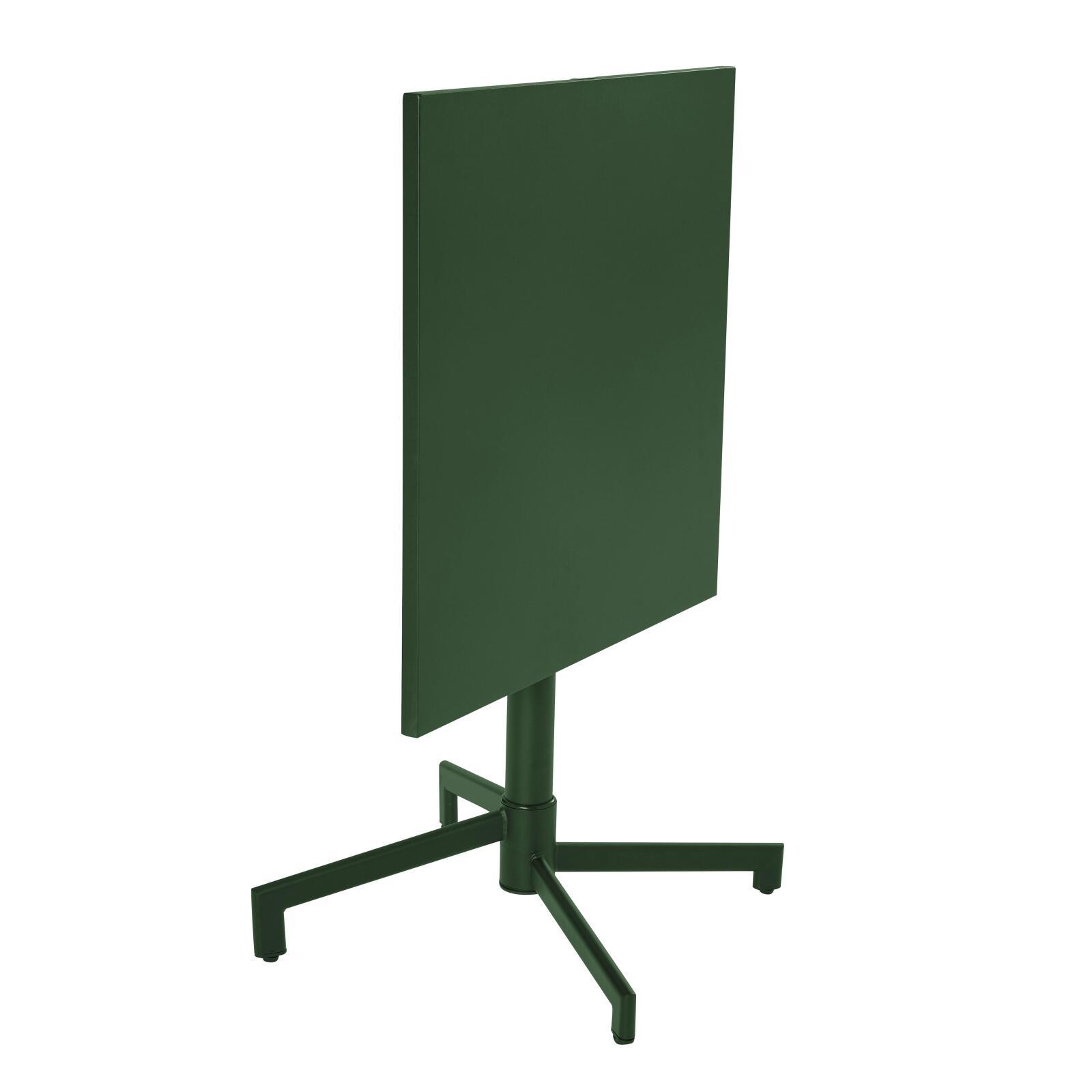 Mesa de jardín bistro cuadrada inclinable de metal con pie emprotado 70x70 cm y 2 sillas con reposabrazos