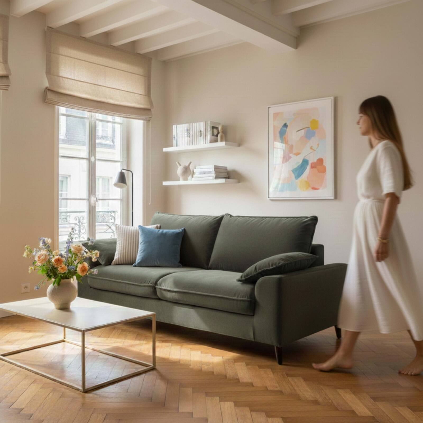 Sofá de 3 plazas de terciopelo desenfundable con cojines