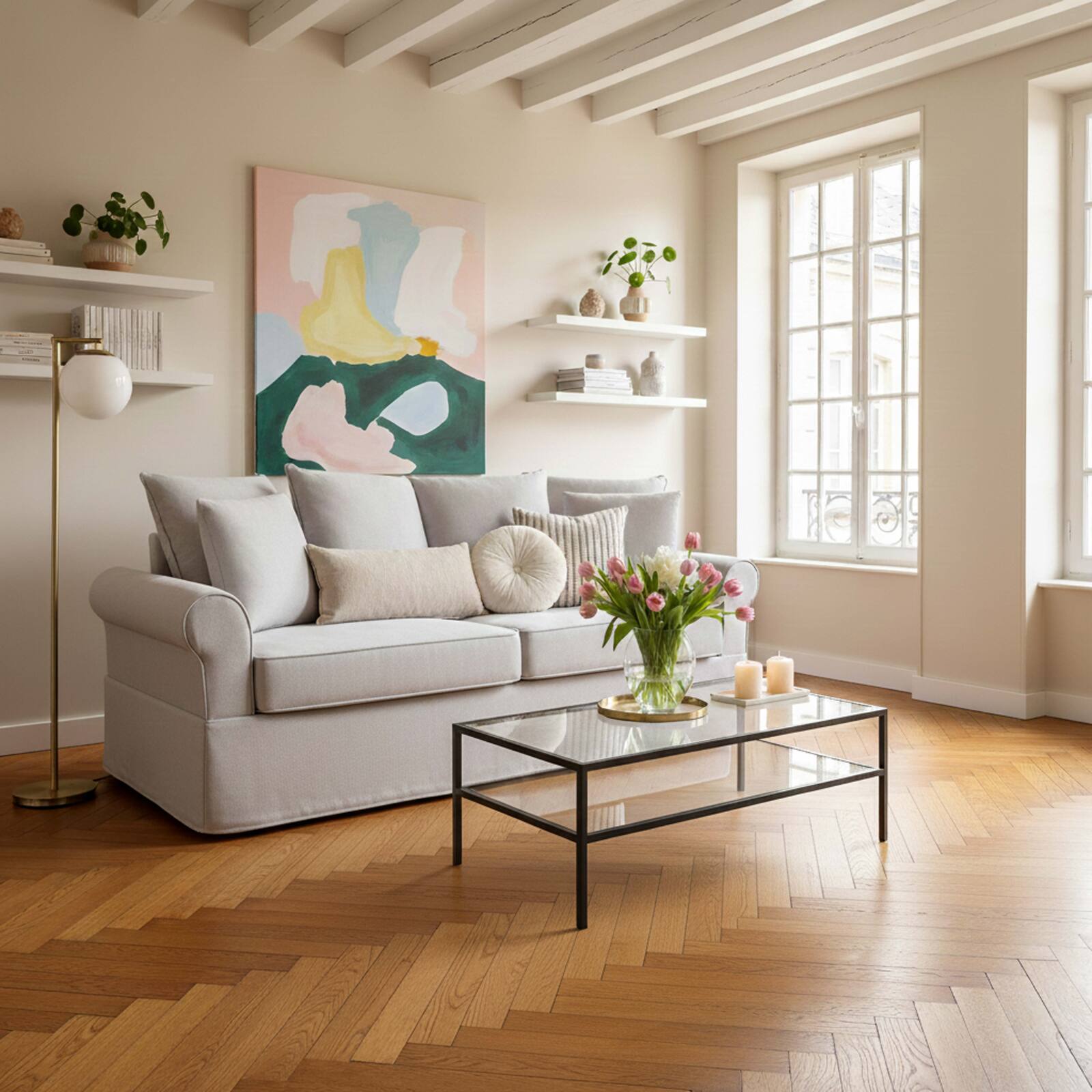 Sofá de 3 plazas de tela con cojines