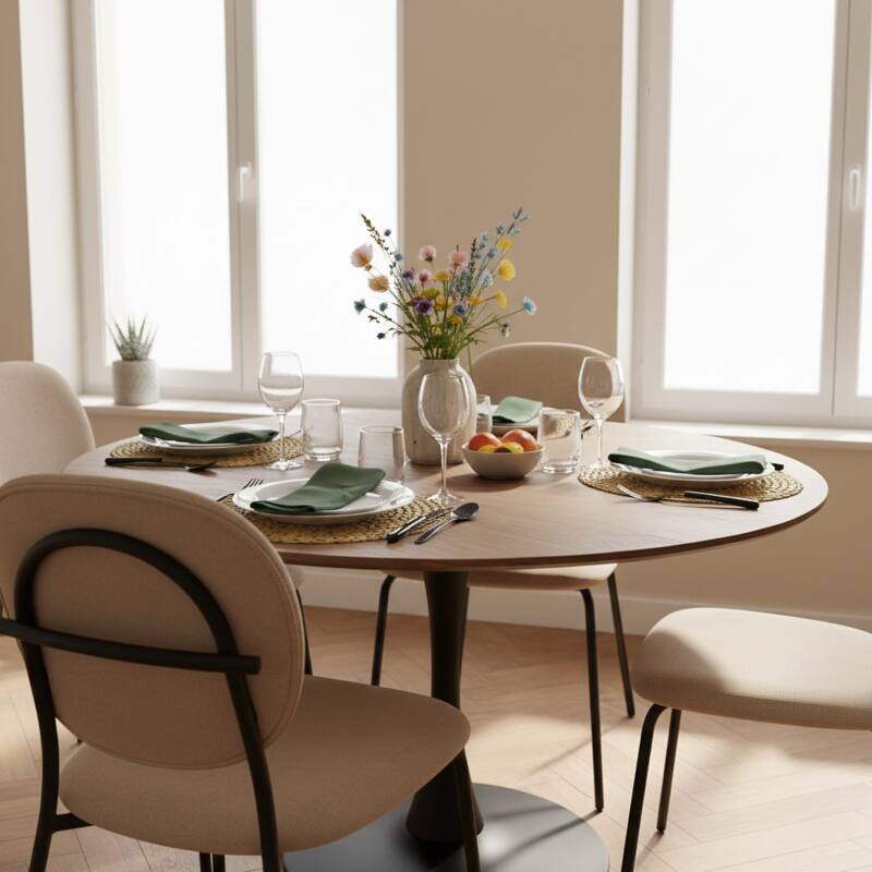 Mesa de comedor redonda de metal y chapa de madera 4 personas (2/4)