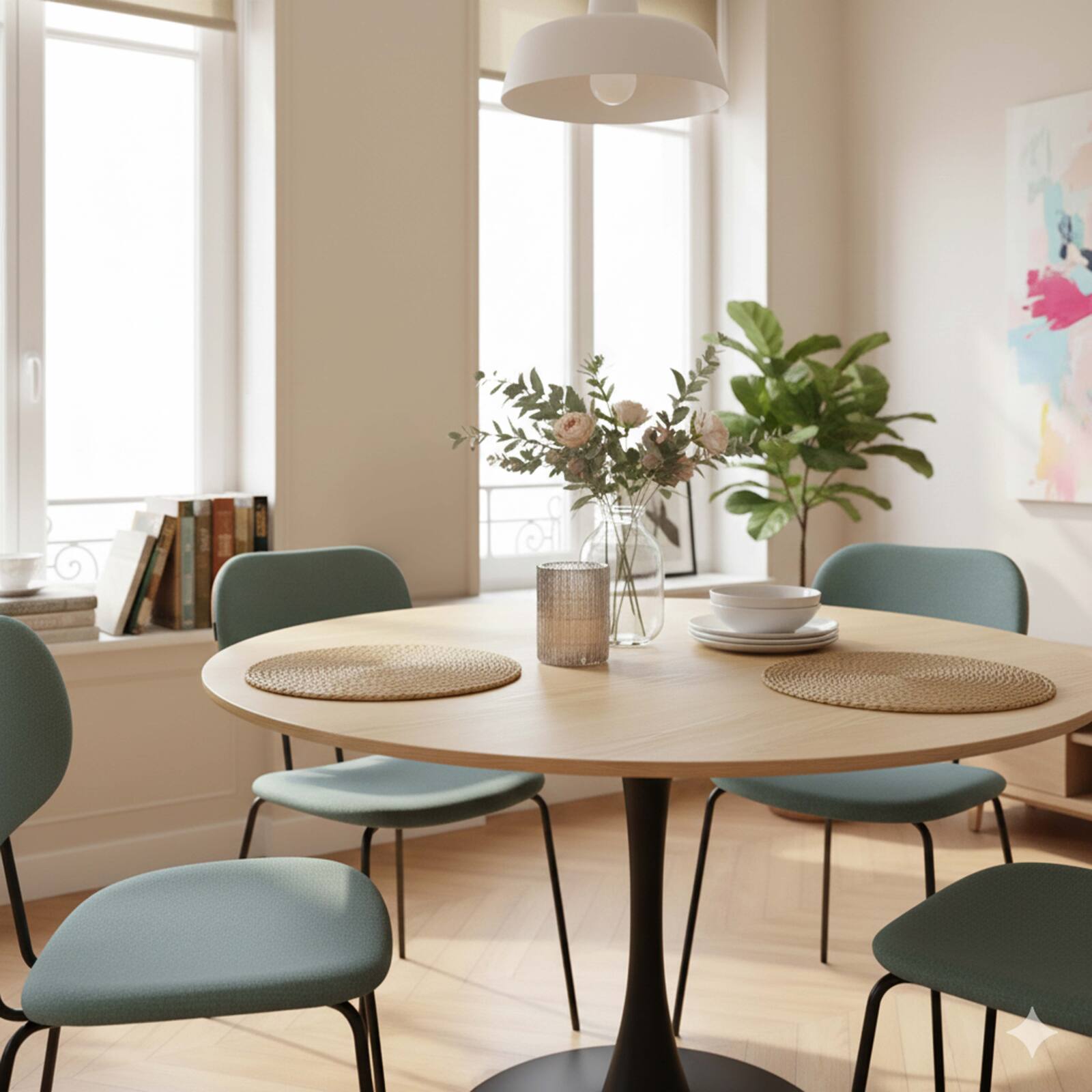 Mesa de comedor redonda de metal y chapa de madera 4 personas