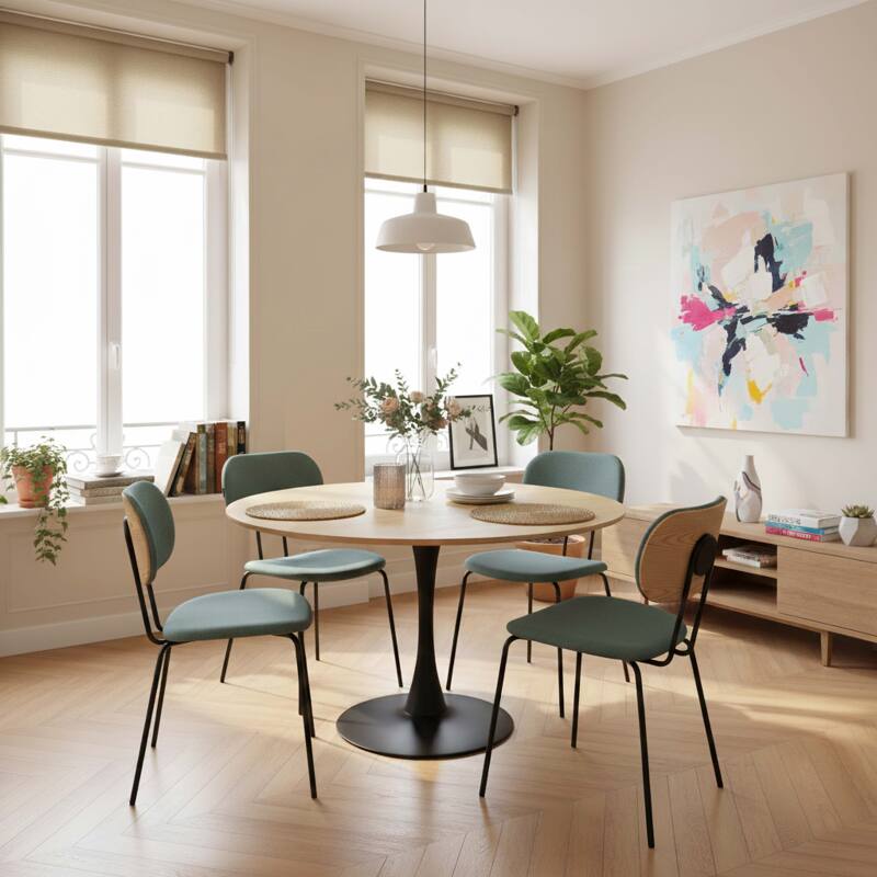 Mesa de comedor redonda de metal y chapa de madera 4 personas