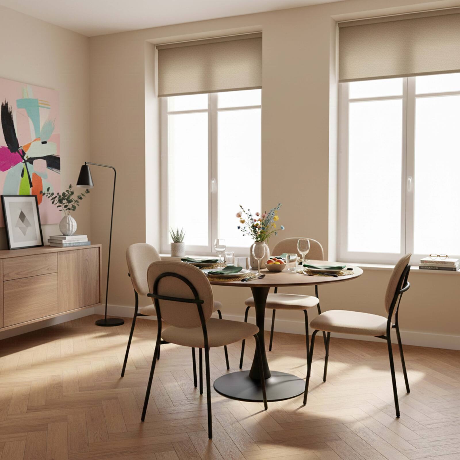 Mesa de comedor redonda de metal y chapa de madera 4 personas