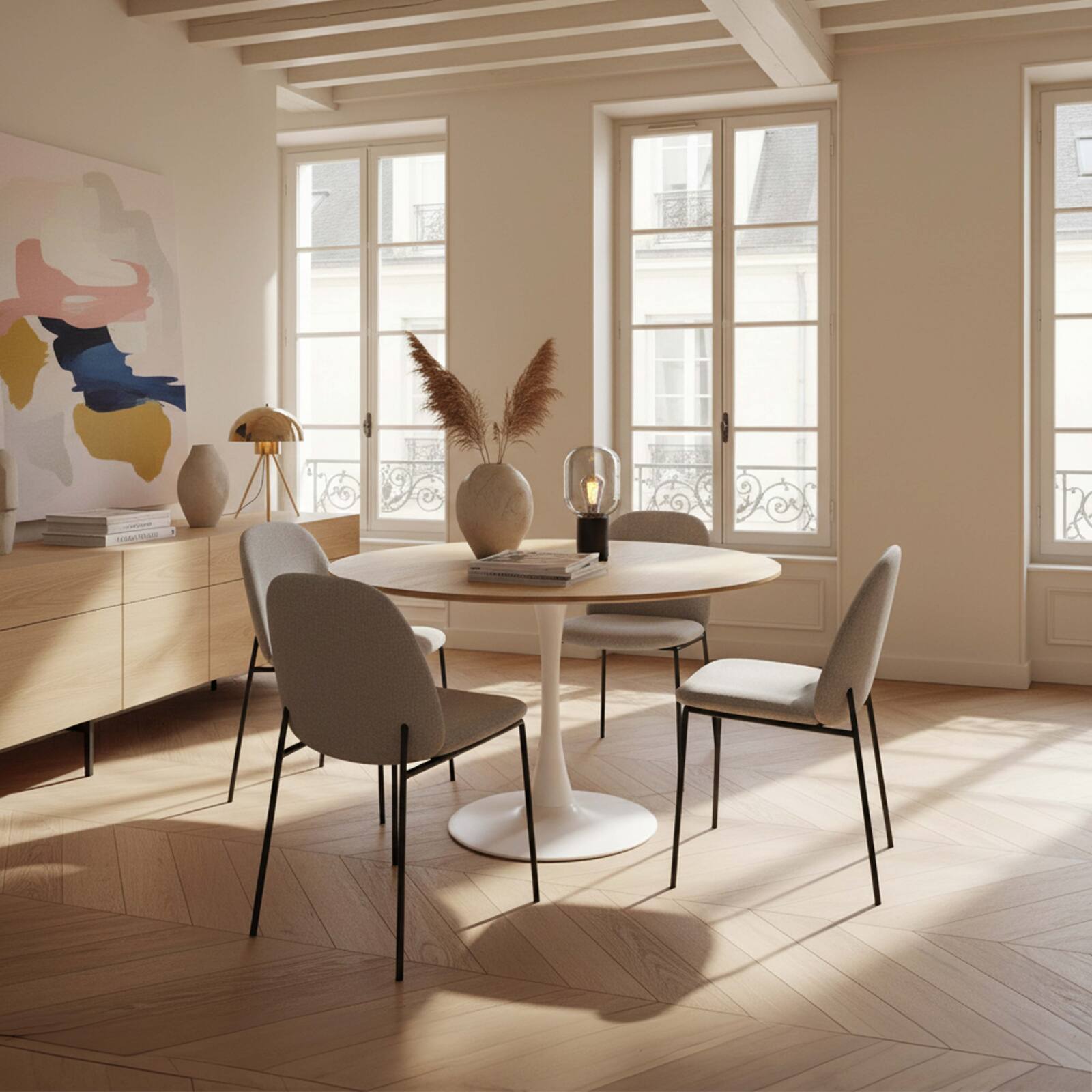 Mesa de comedor redonda de melamina y metal para 4 personas