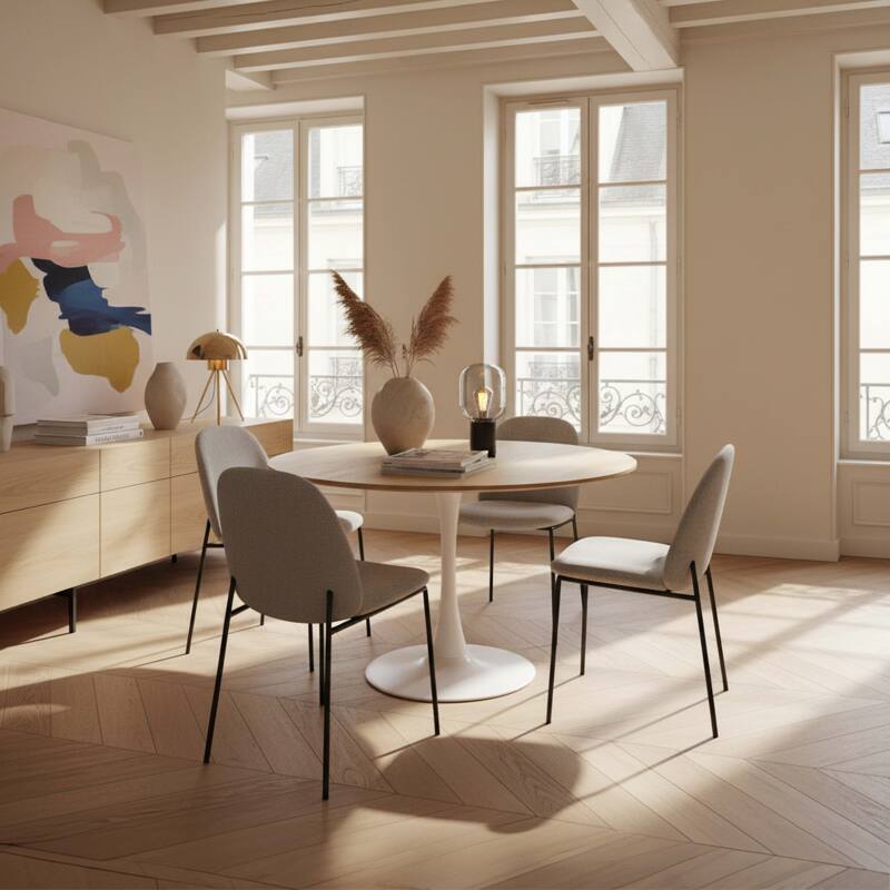 Mesa de comedor redonda de melamina y metal para 4 personas