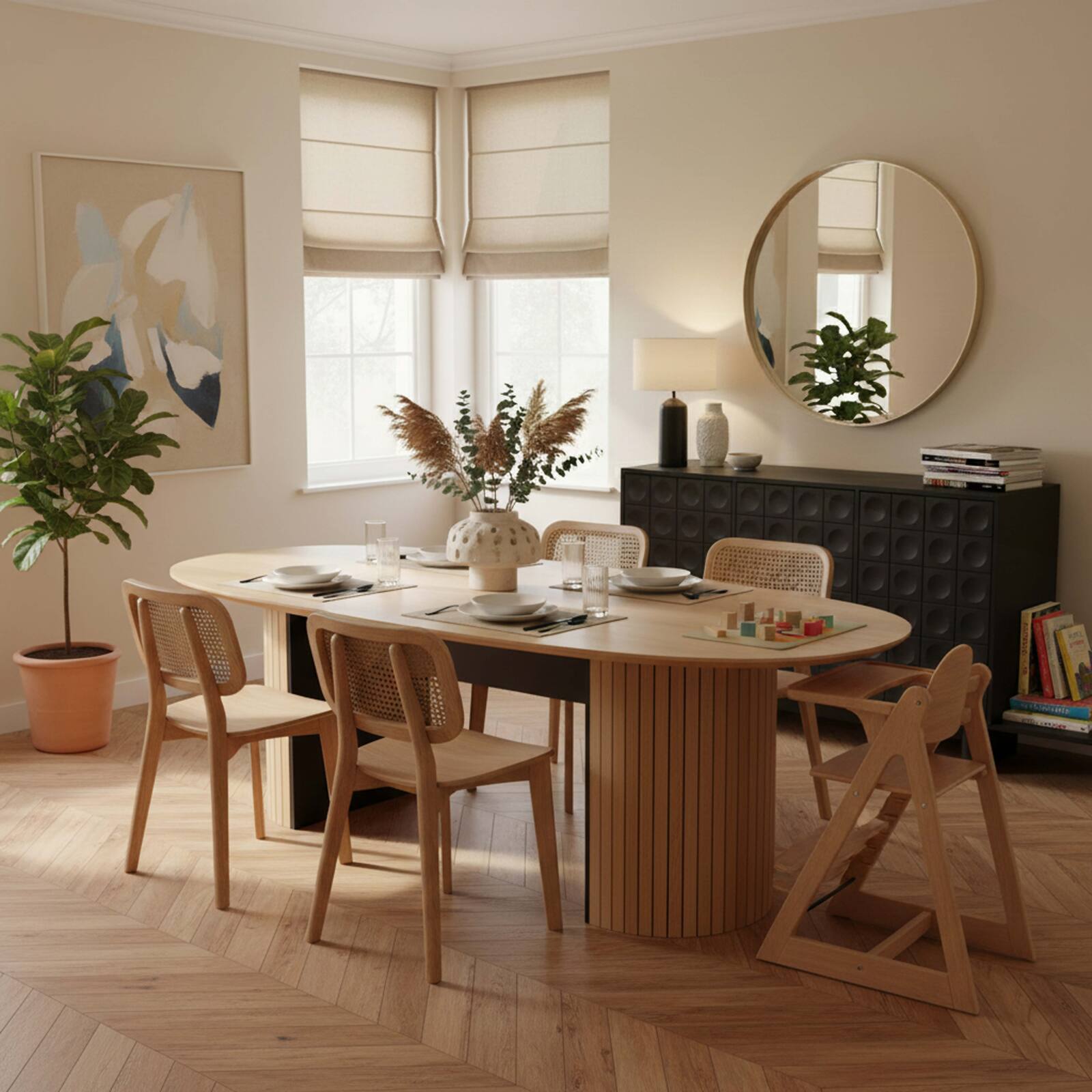 Mesa de comedor ovalada efecto madera de roble FSC® 10 personas