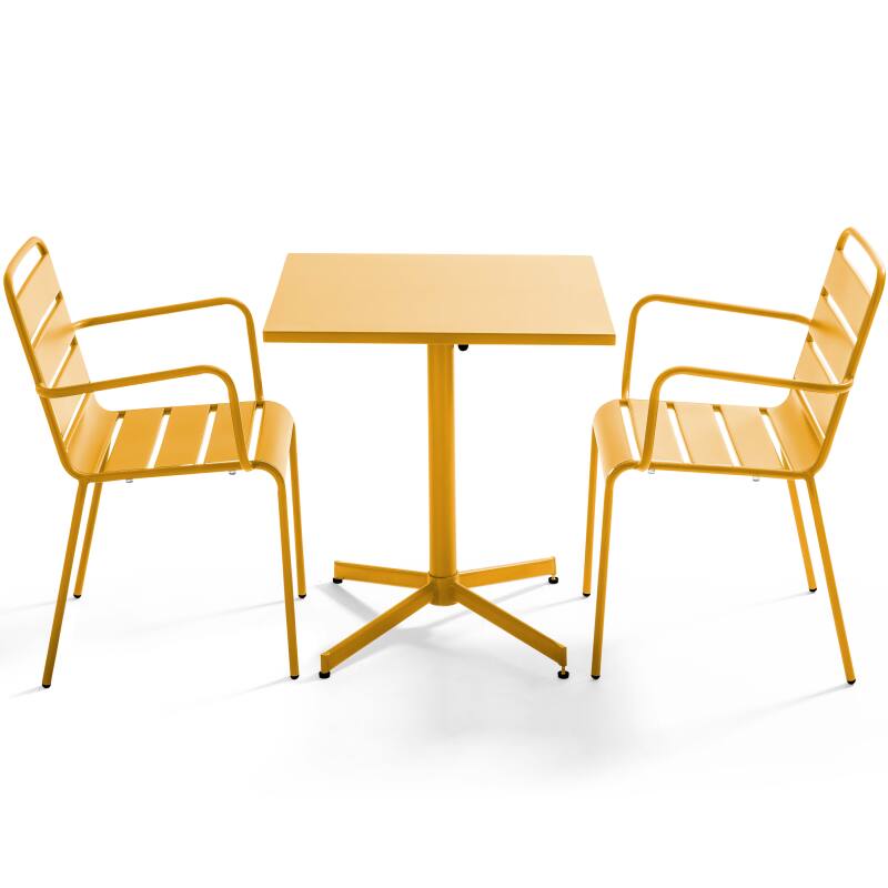 Mesa de jardín bistro cuadrada inclinable de metal 70x70 cm y 2 sillas con reposabrazos