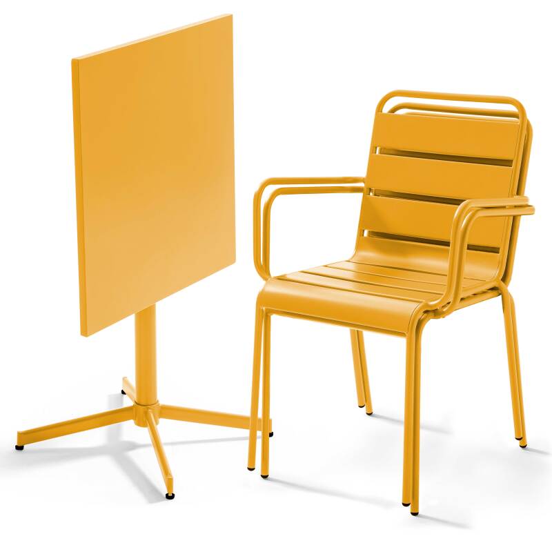Mesa de jardín bistro cuadrada inclinable de metal 70x70 cm y 2 sillas con reposabrazos