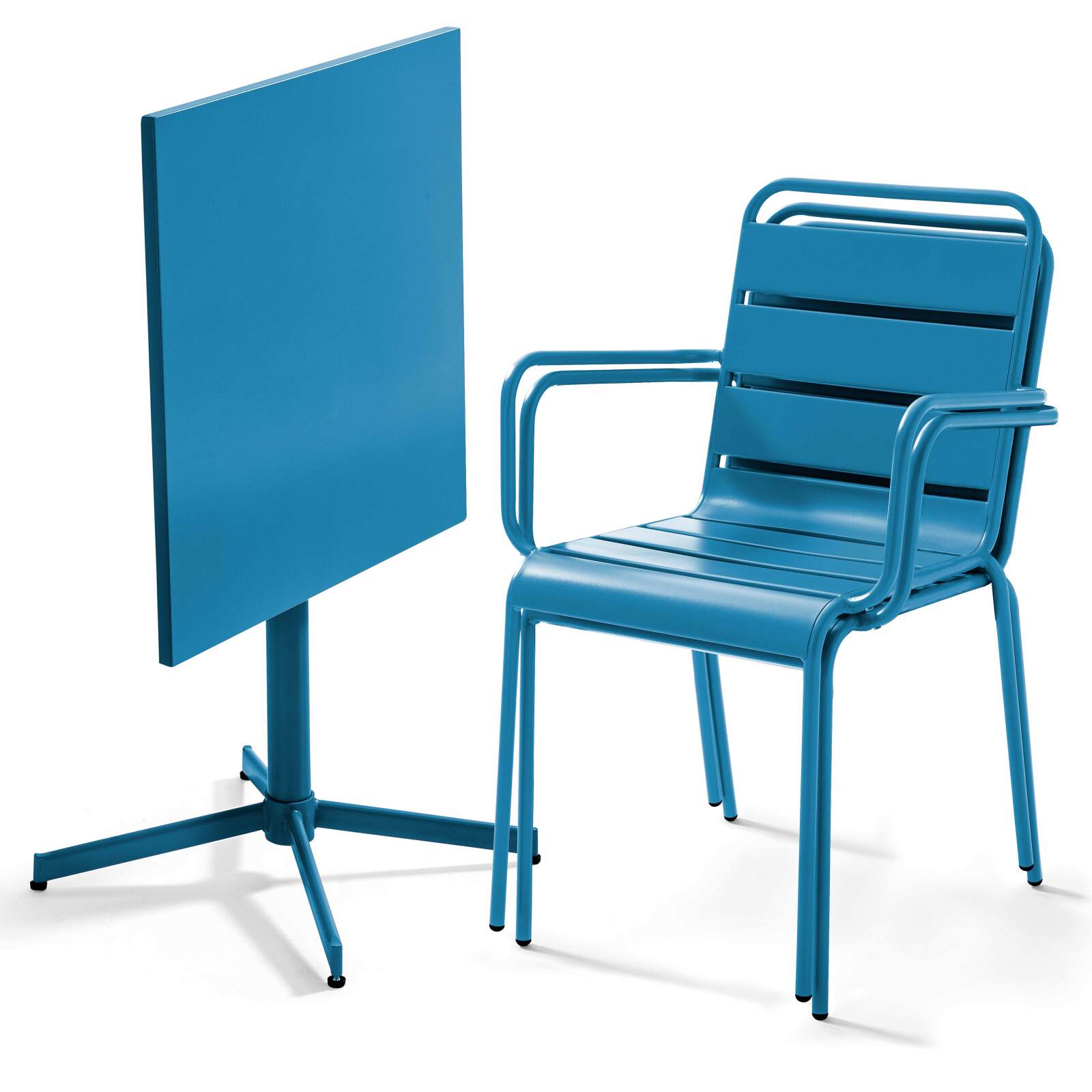 Mesa de jardín bistro cuadrada inclinable de metal 70x70 cm y 2 sillas con reposabrazos