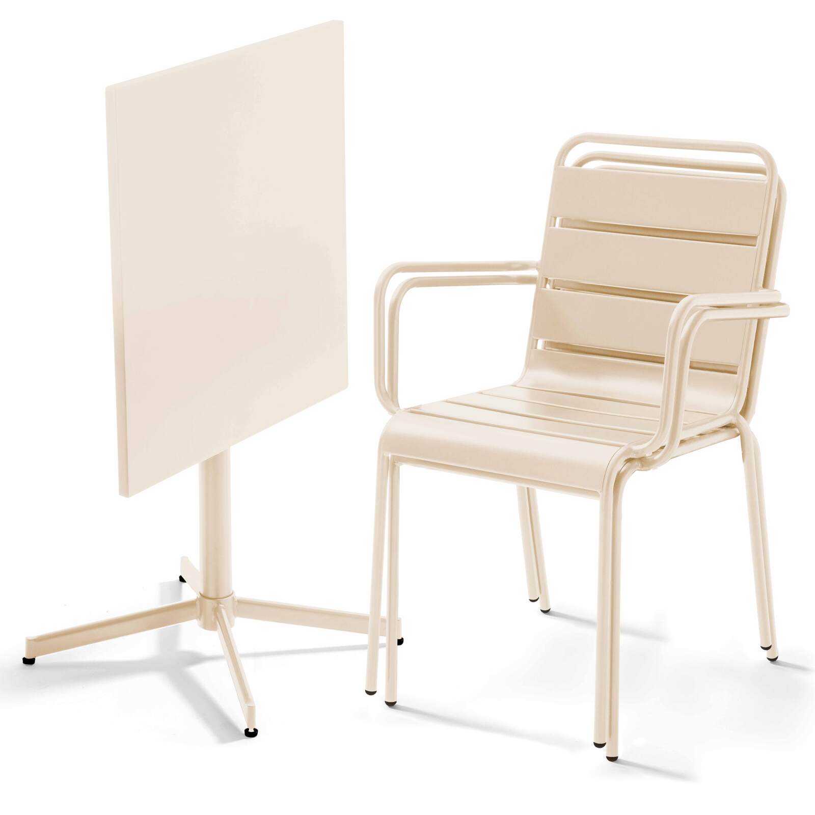 Mesa de jardín bistro cuadrada inclinable de metal 70x70 cm y 2 sillas con reposabrazos