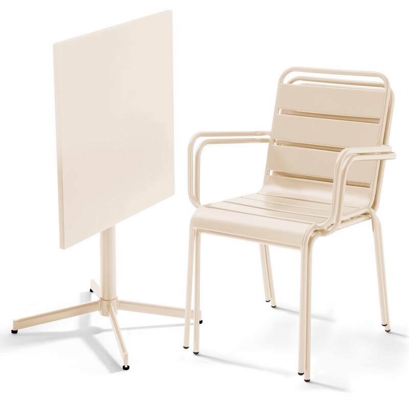 Mesa de jardín bistro cuadrada inclinable de metal 70x70 cm y 2 sillas con reposabrazos