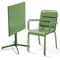 Mesa de jardín bistro cuadrada inclinable de metal 70x70 cm y 2 sillas con reposabrazos