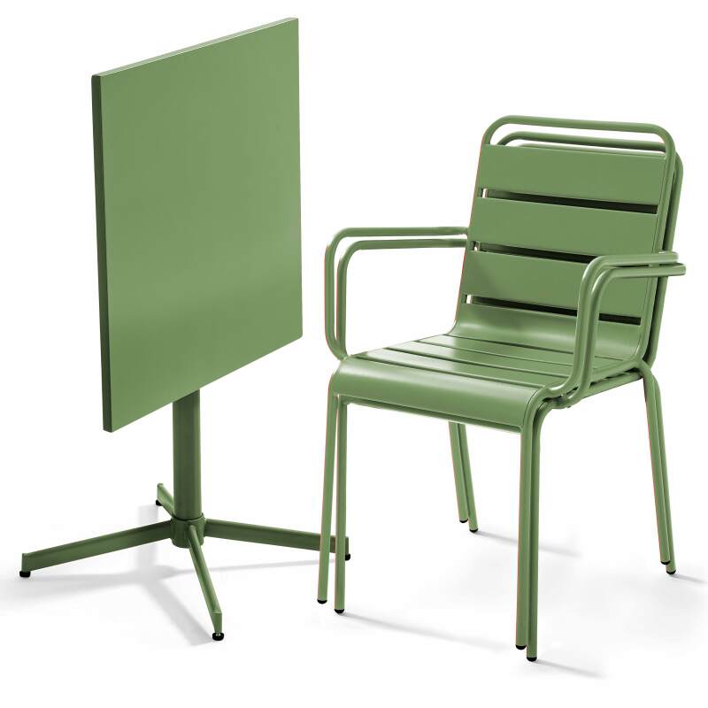 Mesa de jardín bistro cuadrada inclinable de metal 70x70 cm y 2 sillas con reposabrazos