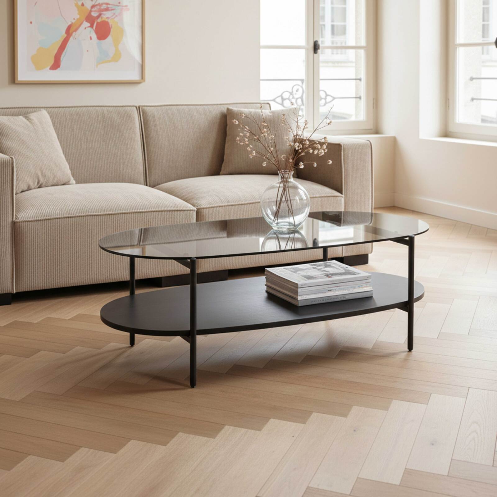 Mesa de centro de cristal y efecto madera ovalada 120 x 55 x 40 cm