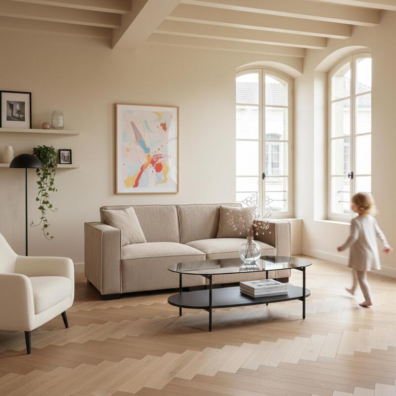 Mesa de centro de cristal y efecto madera ovalada 120 x 55 x 40 cm (5/6)