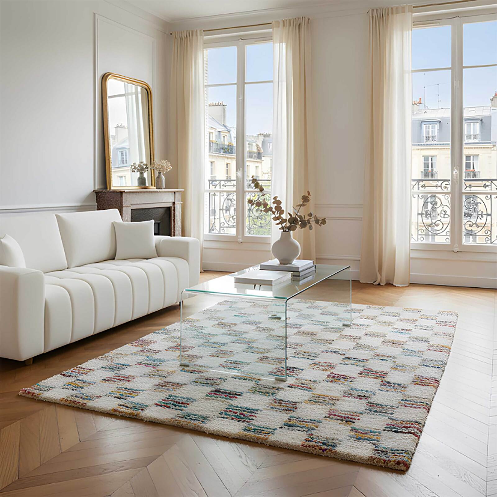 Alfombra estampado geométrico de pelo largo lanuda rectangular