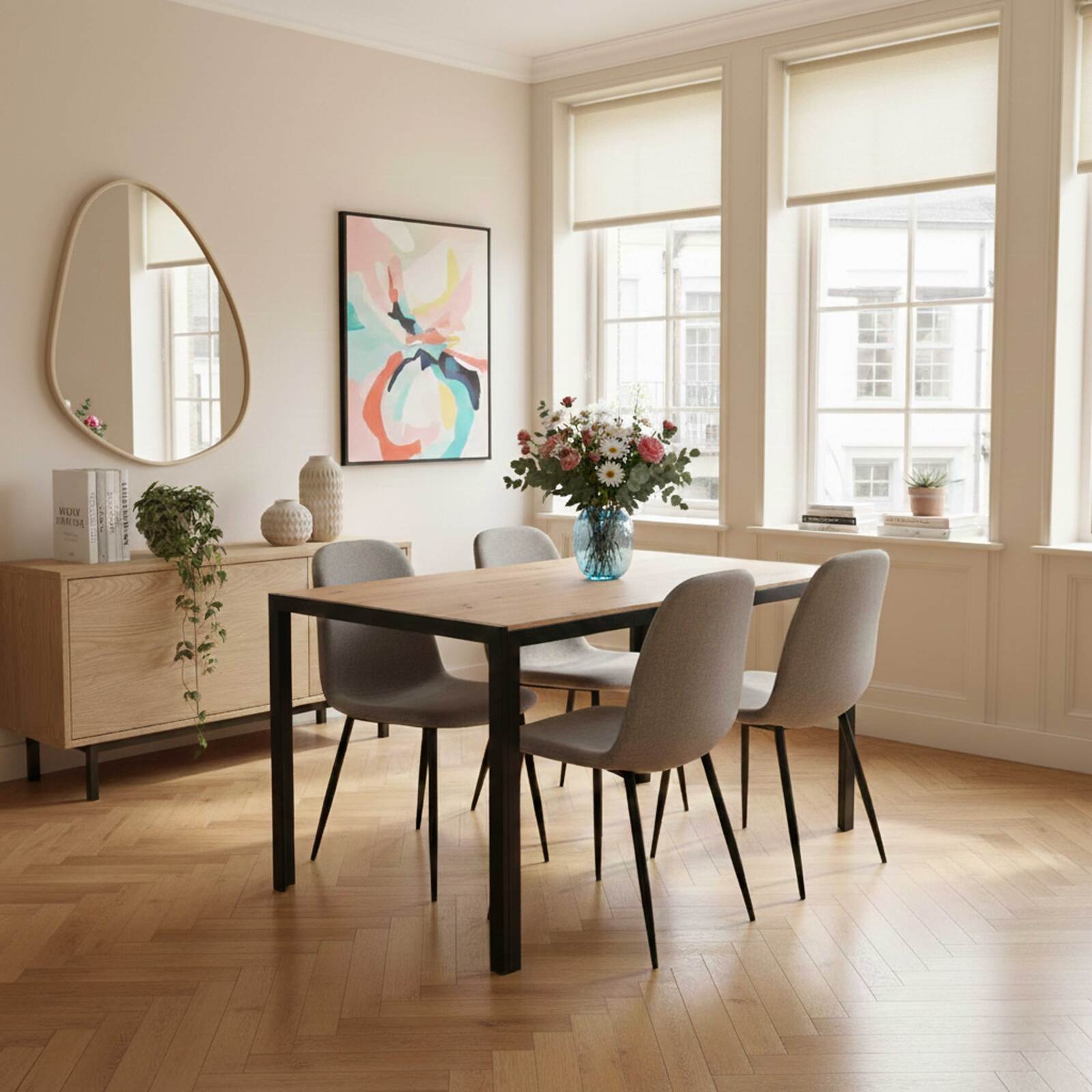 Mesa de comedor rectangular de metal y efecto madera 4 personas