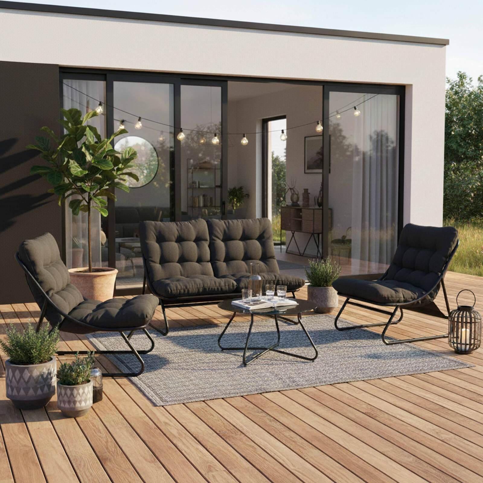 Mueble de jardín metálico de 4 plazas con 1 sofá, 2 sillones y mesa de centro.