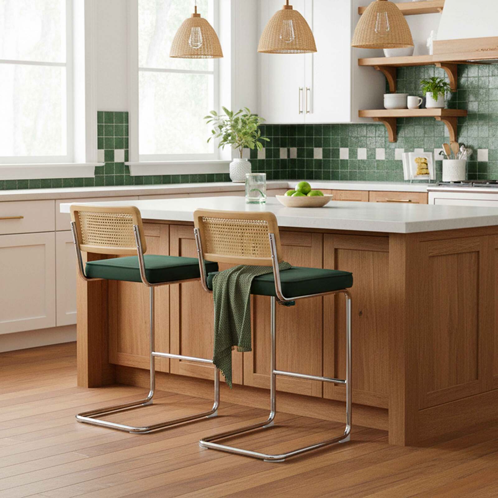 Sillas altas de terciopelo y metal con respaldo de tejido de enea - Lote de 2