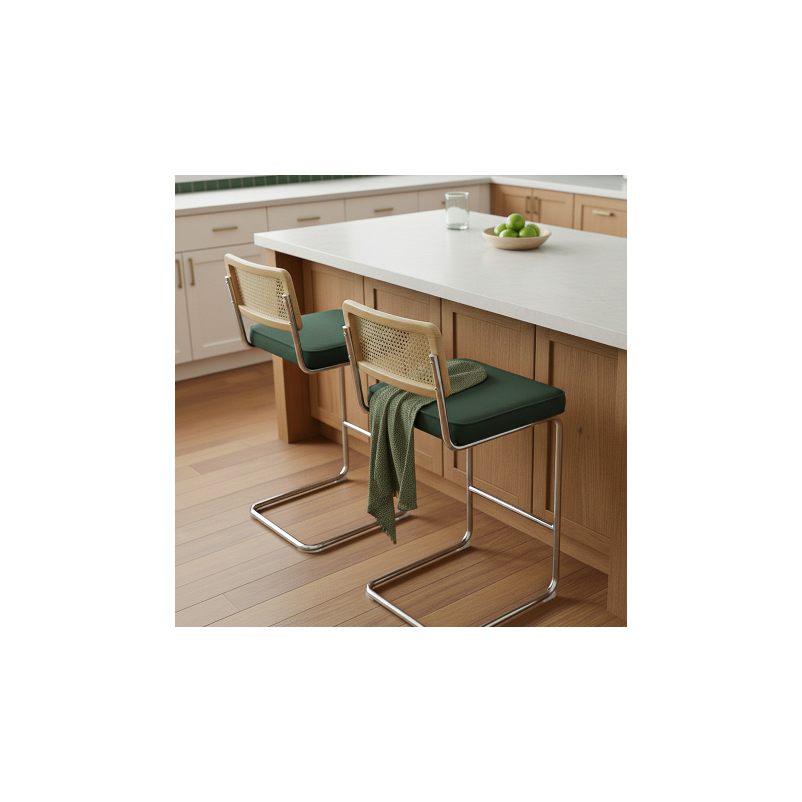 Sillas altas de terciopelo y metal con respaldo de tejido de enea - Lote de 2