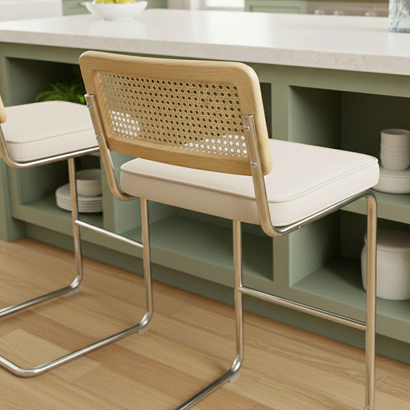 Sillas altas de terciopelo y metal con respaldo de tejido de enea - Lote de 2