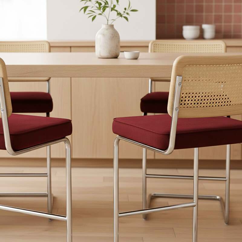 Sillas altas de terciopelo y metal con respaldo de tejido de enea - Lote de 2 (2/7)