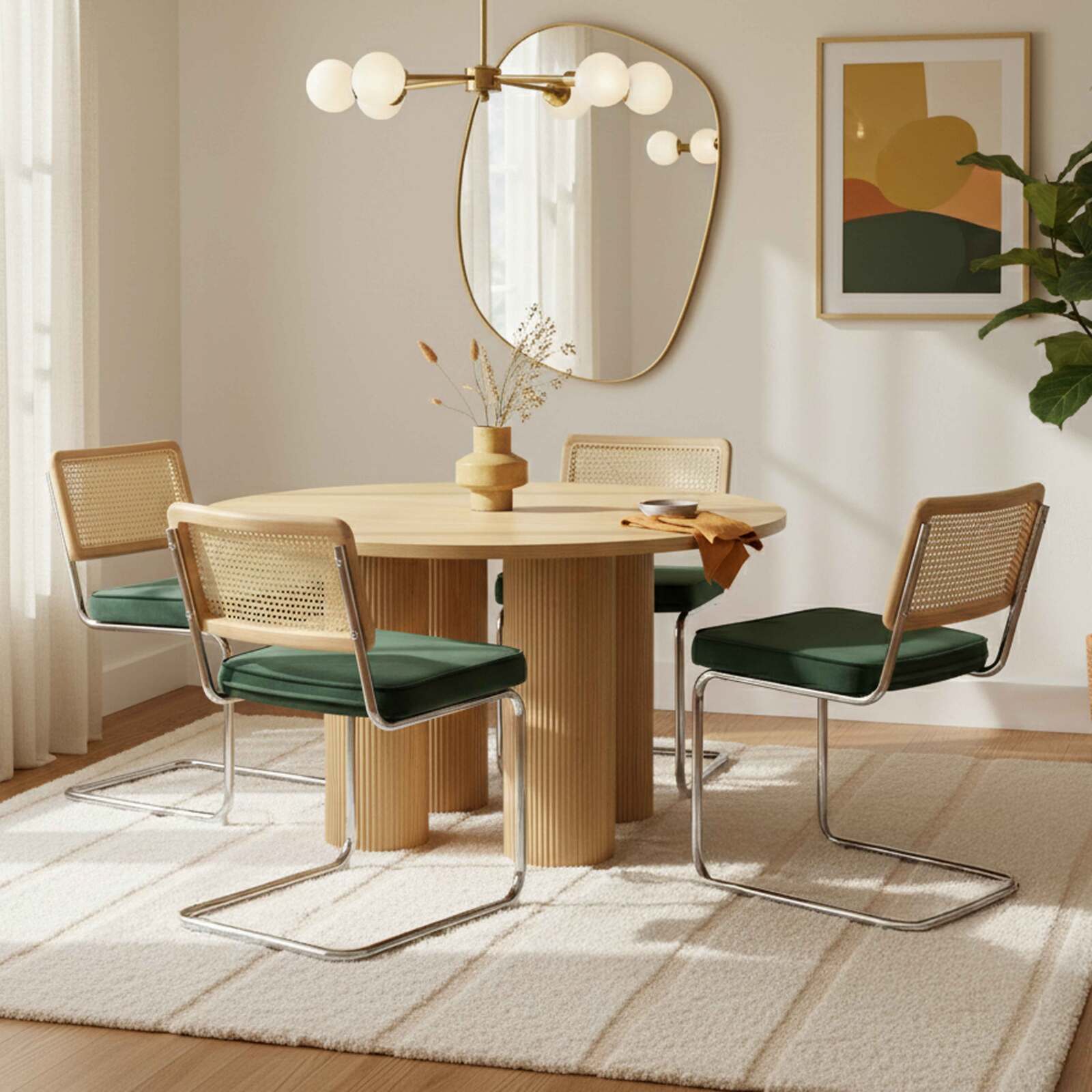 Sillas de terciopelo y metal con respaldo de tejido de enea - Lote de 2