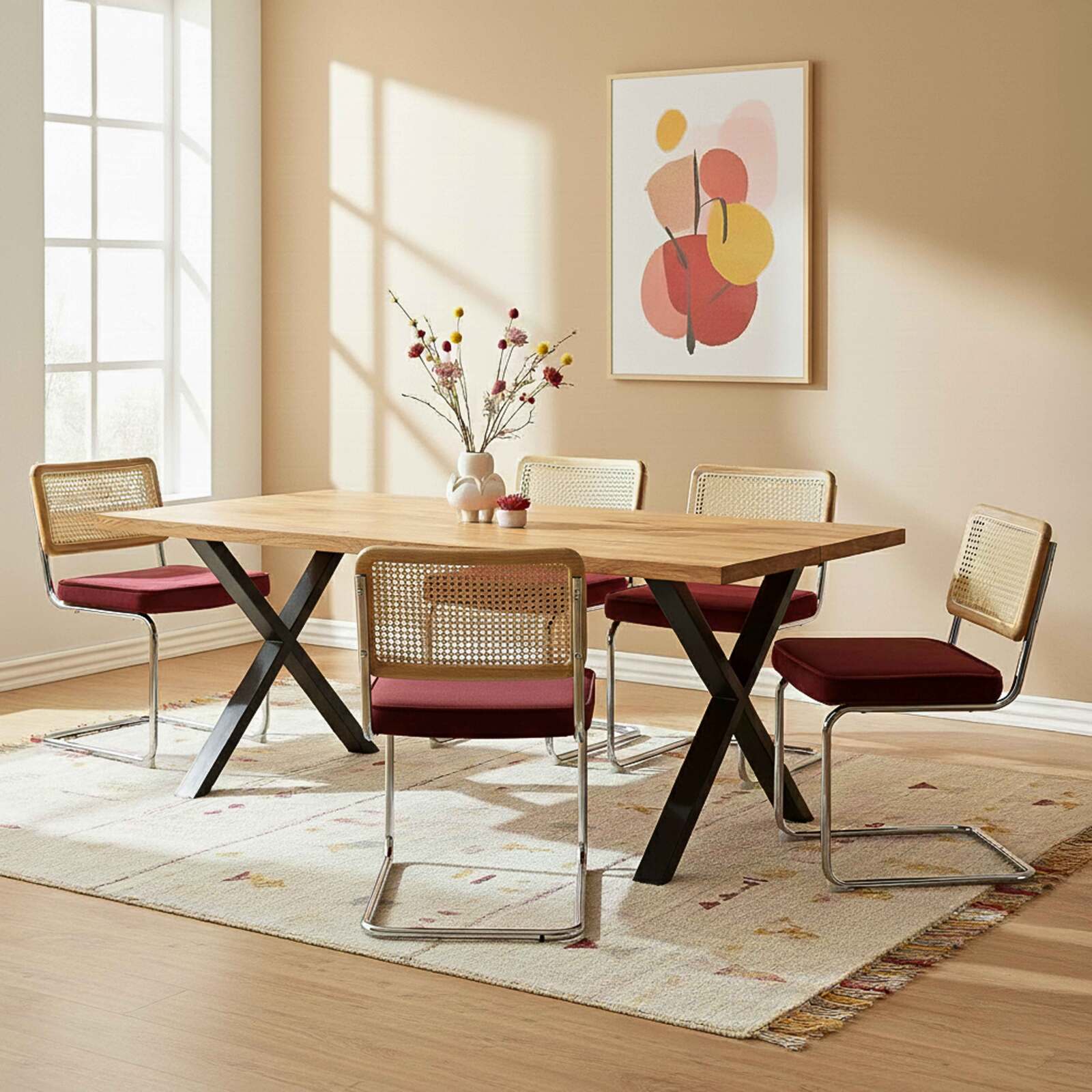 Sillas de terciopelo y metal con respaldo de tejido de enea - Lote de 2