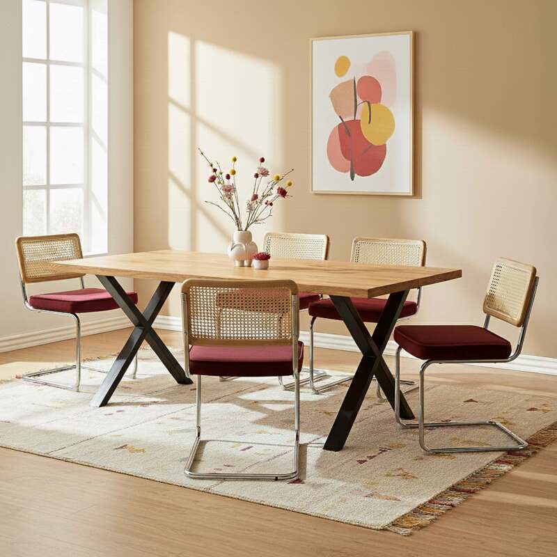 Sillas de terciopelo y metal con respaldo de tejido de enea - Lote de 2