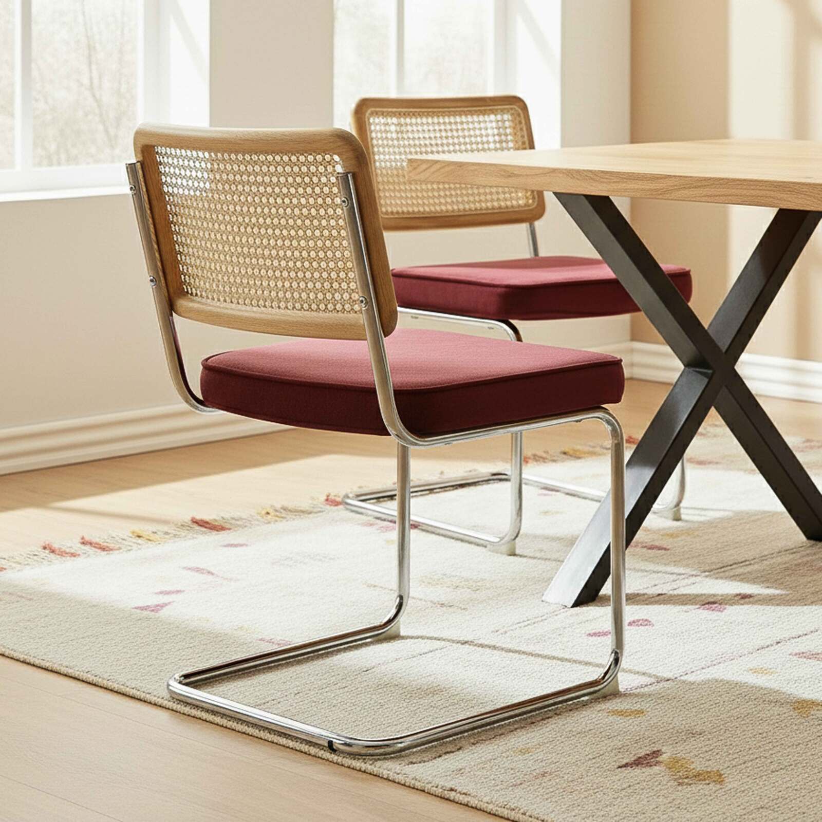 Sillas de terciopelo y metal con respaldo de tejido de enea - Lote de 2