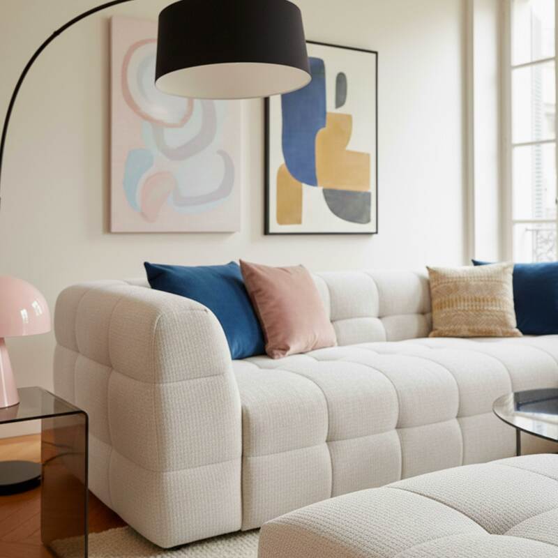 Sofá de 3 plazas de tela con puf (7/8)