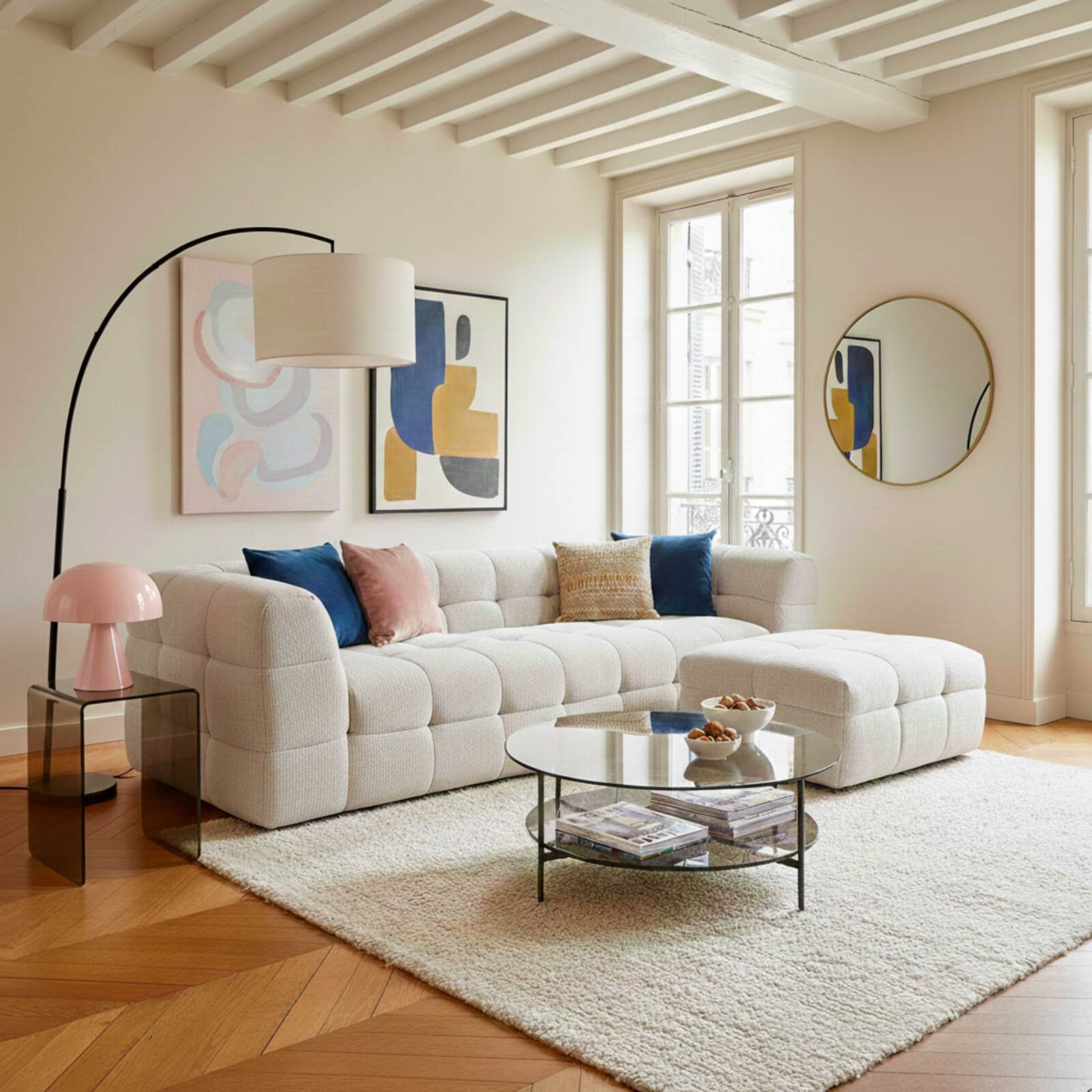 Sofá de 3 plazas de tela con puf