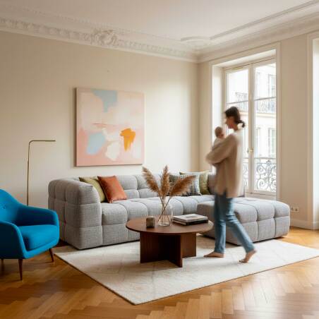 Sofá de 3 plazas de tela con puf