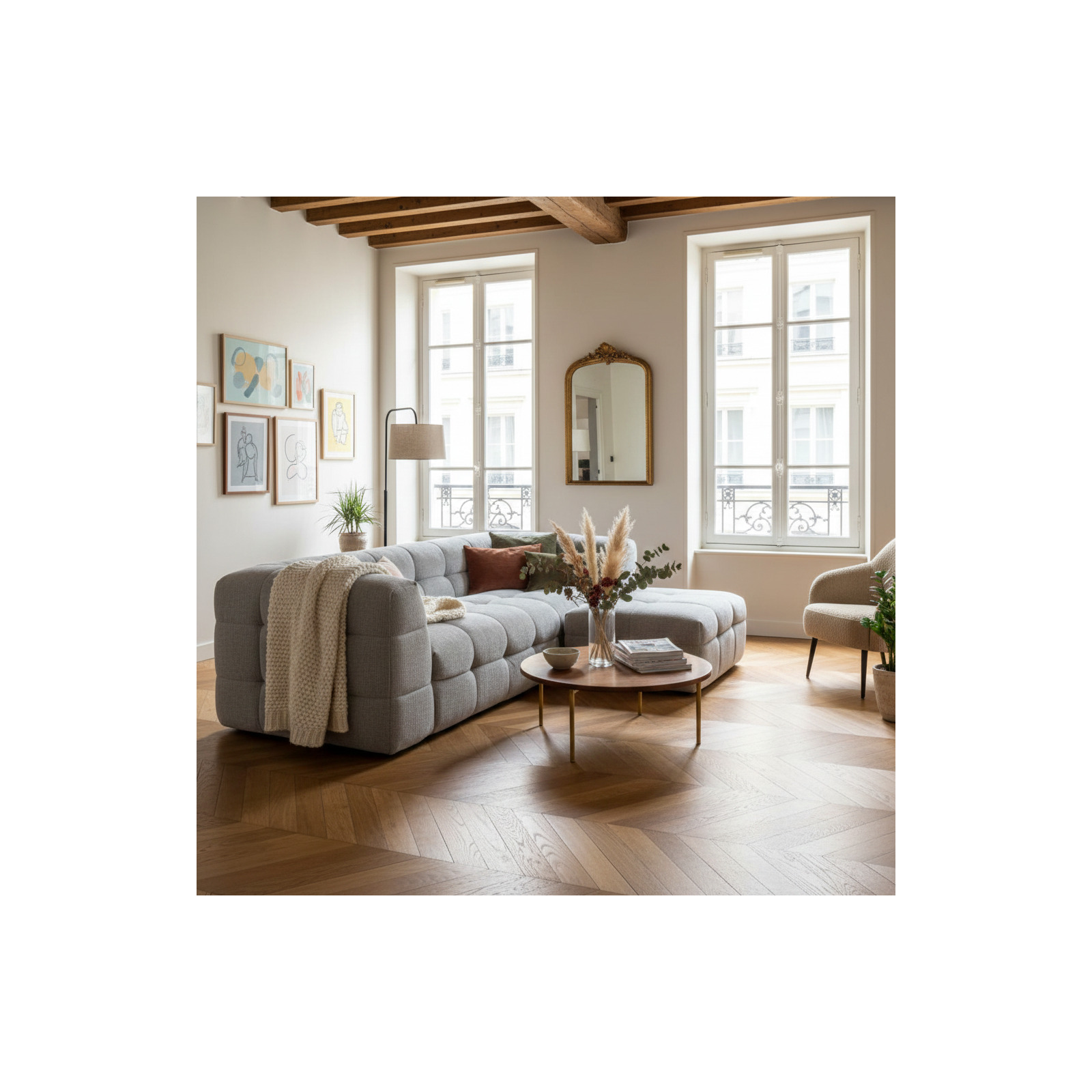 Sofá de 3 plazas de tela con puf