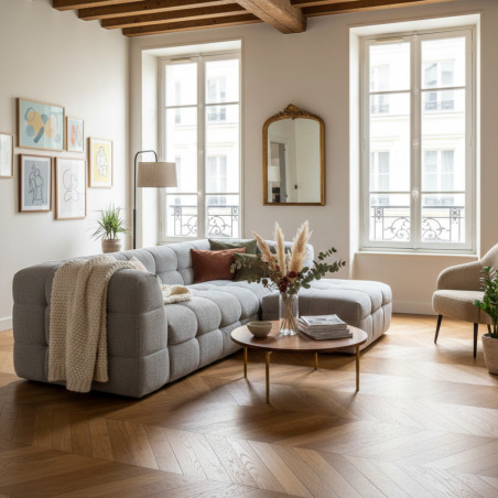 Sofá de 3 plazas de tela con puf (7/8)