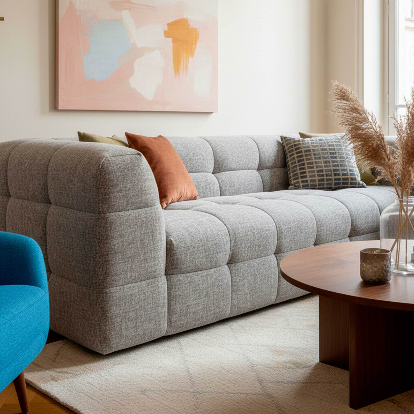 Sofá de 3 plazas de tela con puf