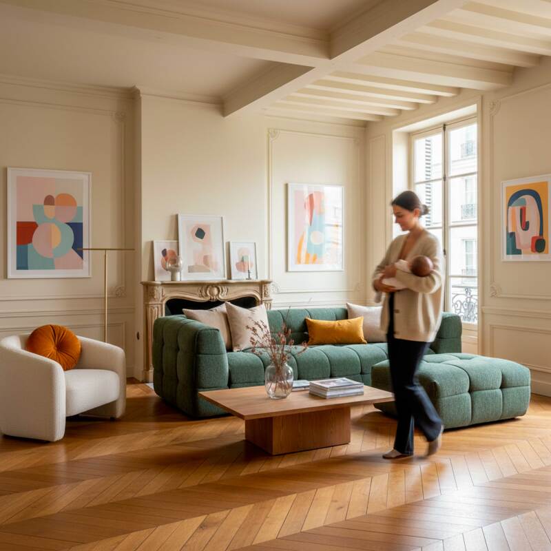 Sofá de 3 plazas de tela con puf