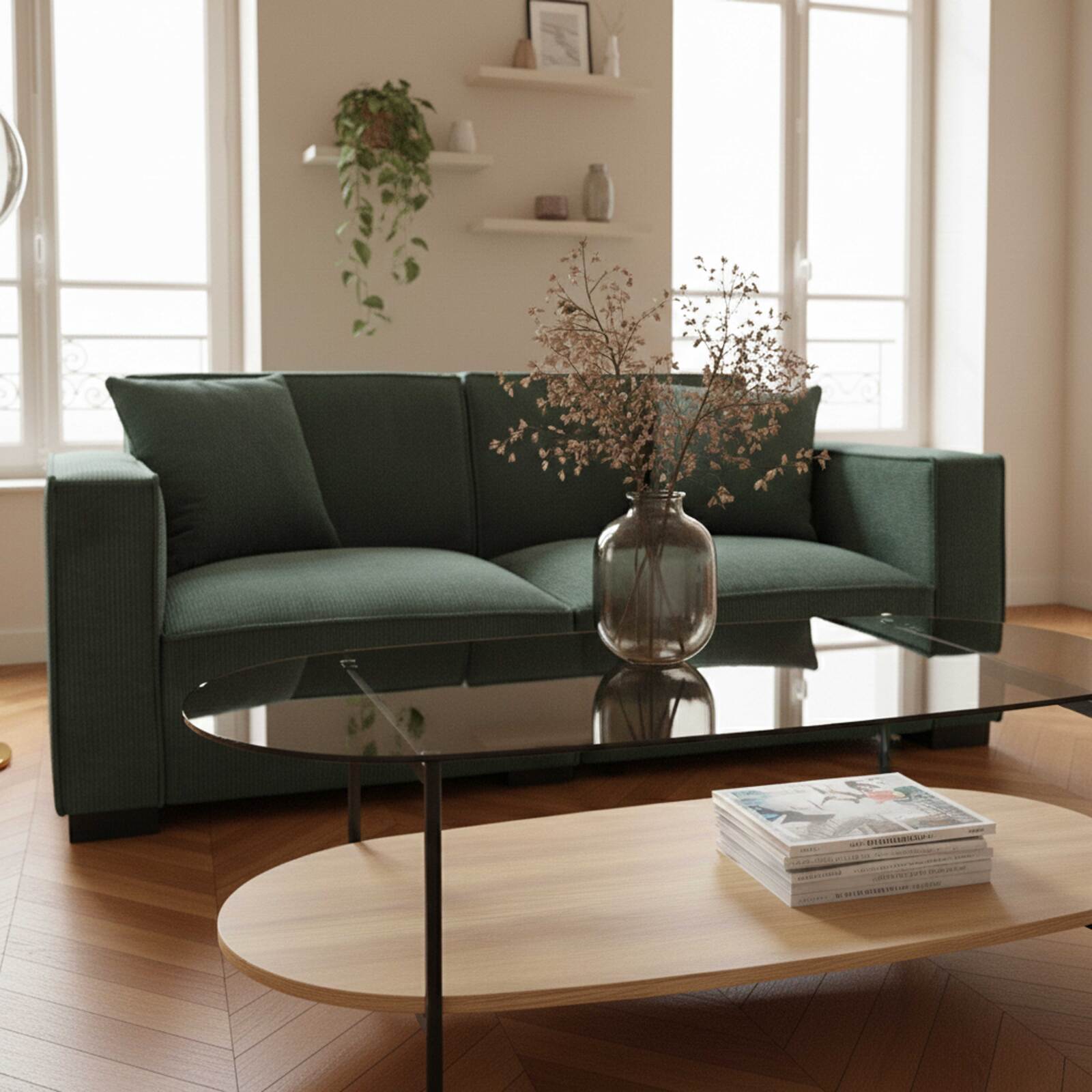 Sofá de 2 plazas de pana con cojines