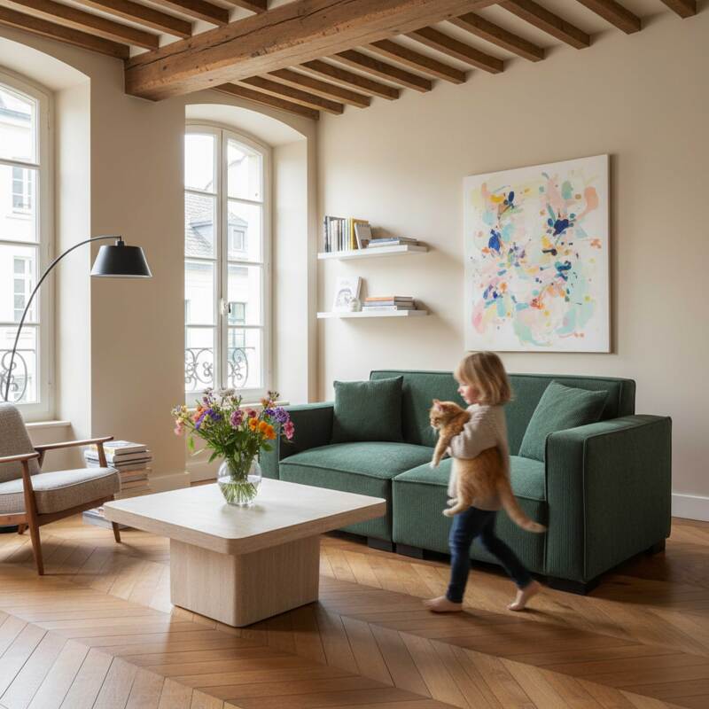 Sofá de 2 plazas de pana con cojines