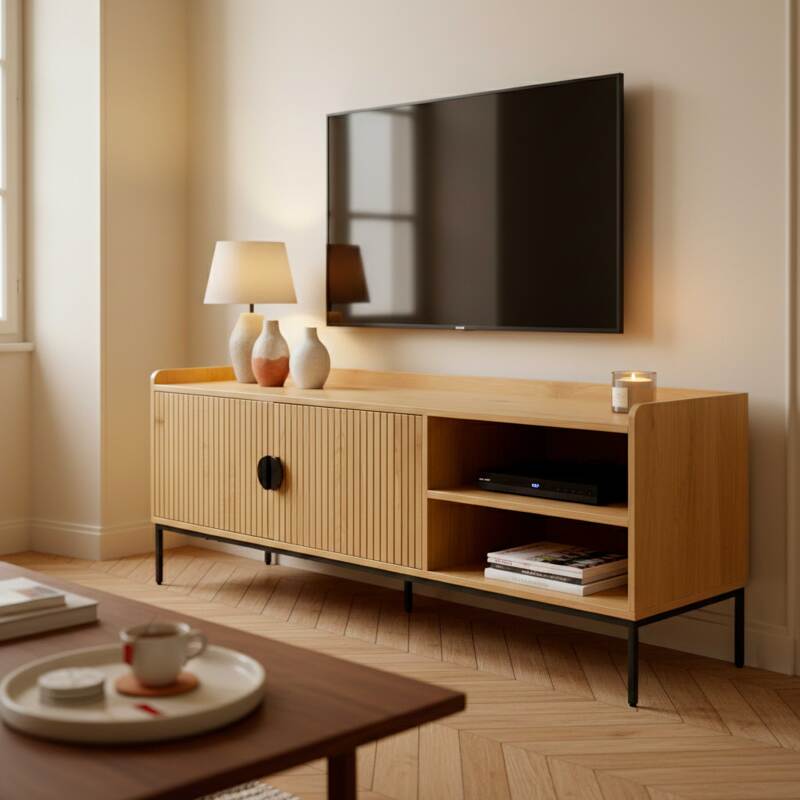 Mueble TV negro de efecto madera y listones 150 cm estilo escandinavo