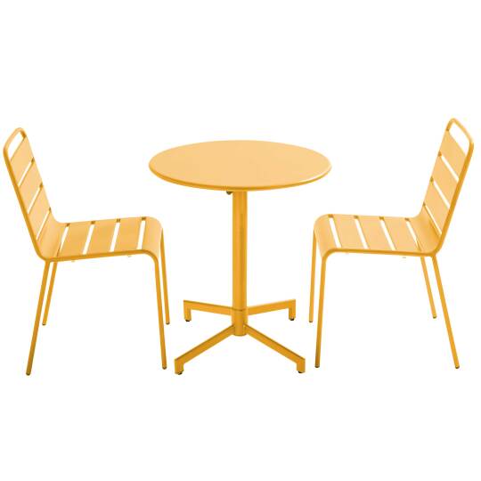 Mesa de jardín bistro redonda inclinable de metal con pie emprotado Ø70 cm y 2 sillas | Oviala
