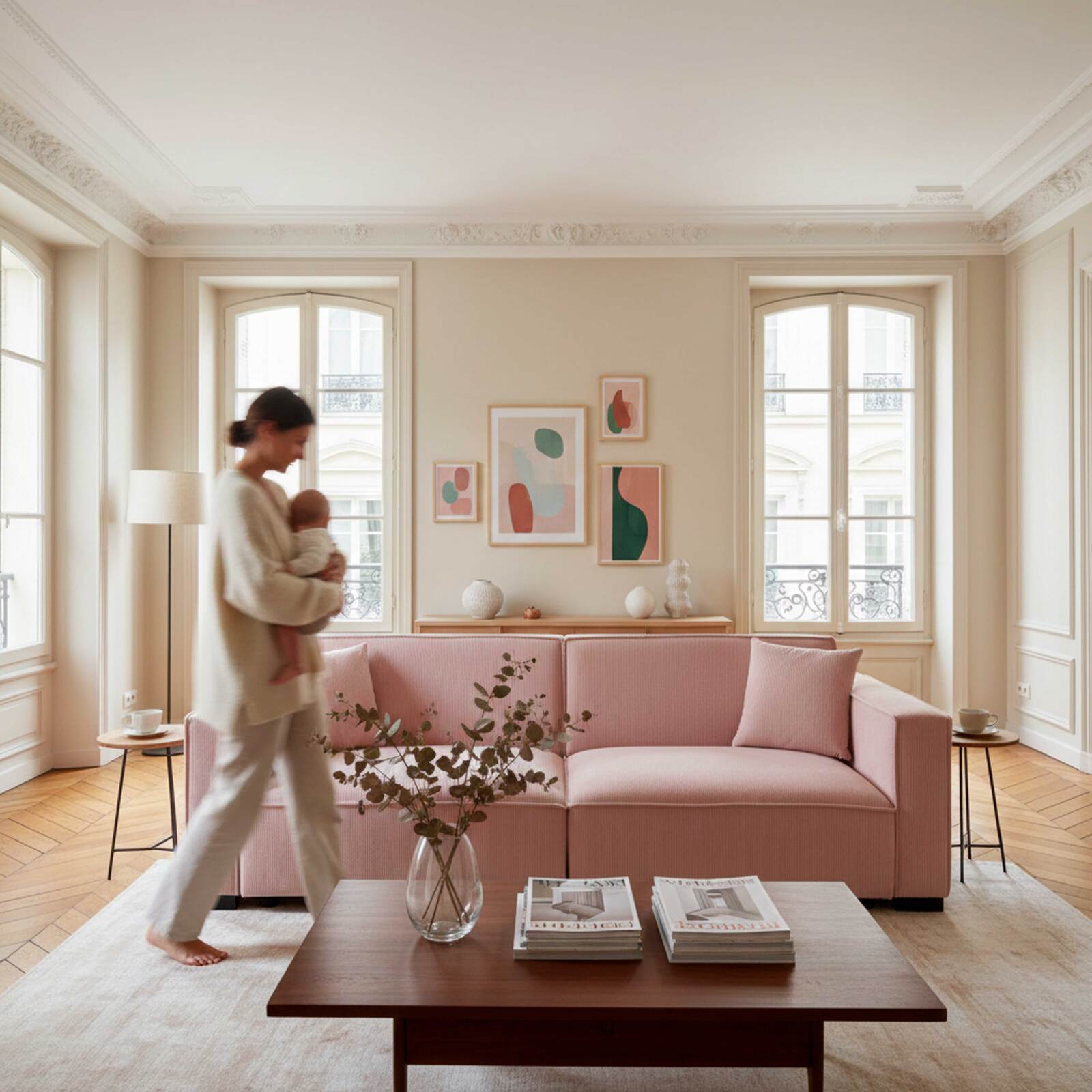 Sofá de 3 plazas de pana con cojines