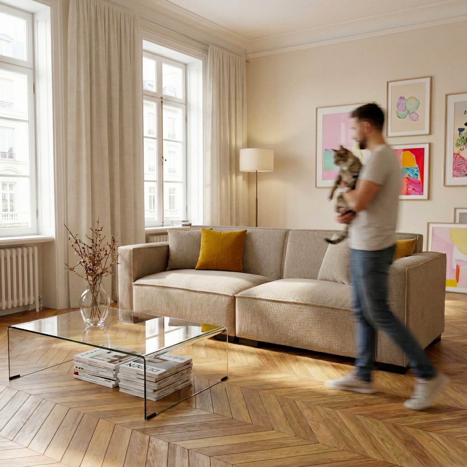 Sofá de 3 plazas de pana con cojines